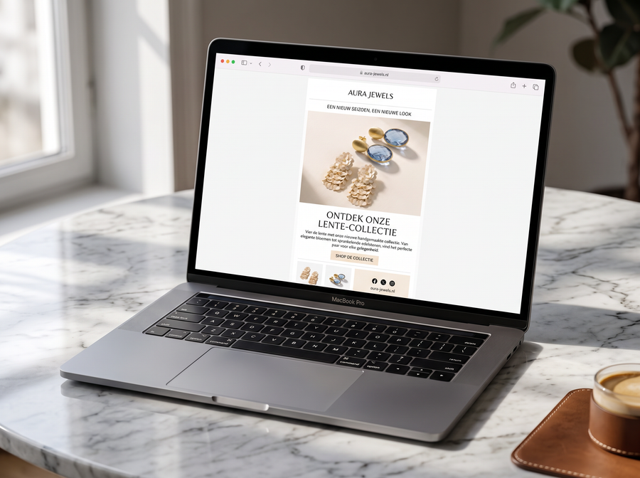 Laptop met een Klaviyo-nieuwsbrief voor sieraden, e-mailmarketing ingericht door Studio Margie