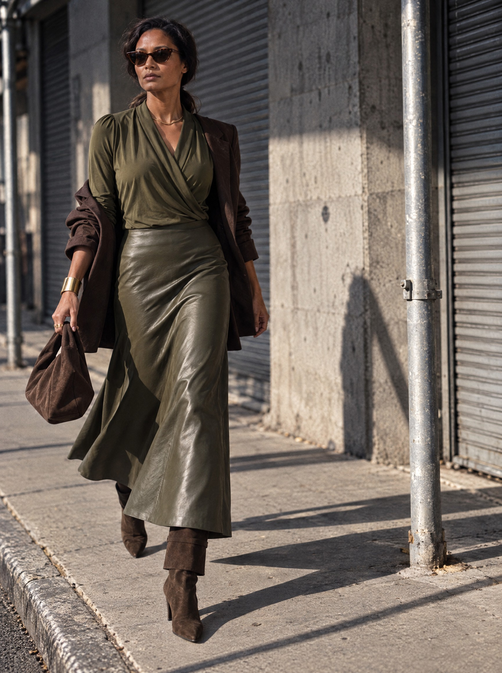 Model in olijfgroene wikkeltop en leren rok met bruine blazer en suède laarzen op straat, campagnebeeld gemaakt met AI door Studio Margie